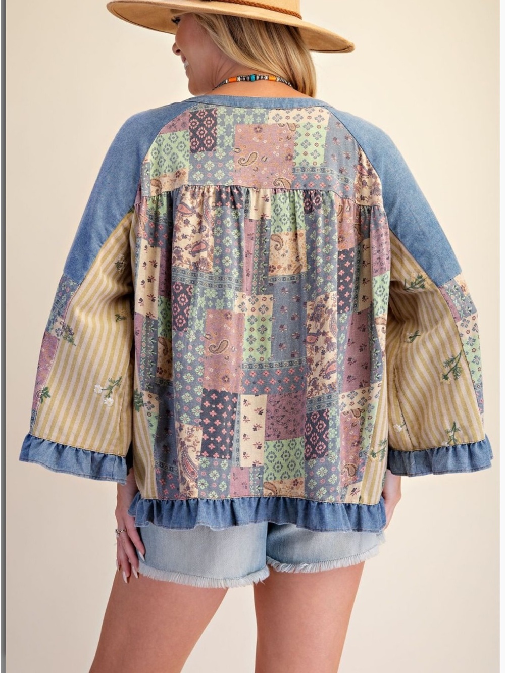 Easel Patchwork Ruffle-Sleeve Top - Picture 3 of 4